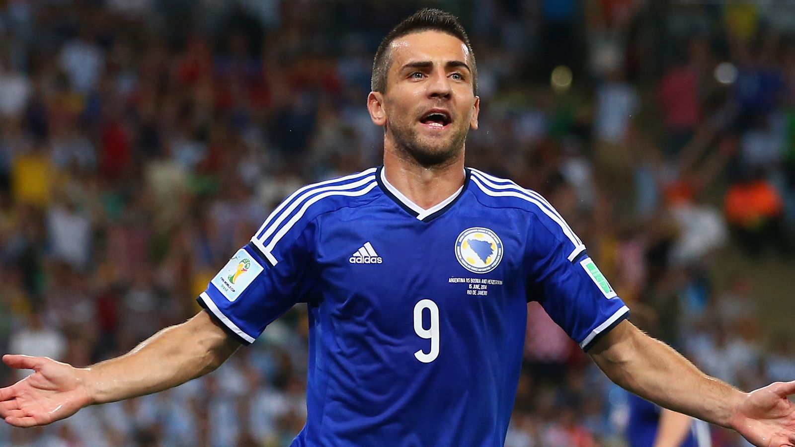 Jogador Vedad Ibisevic comemorando seu primeiro gol na copa pela Bósnia e Herzegovina